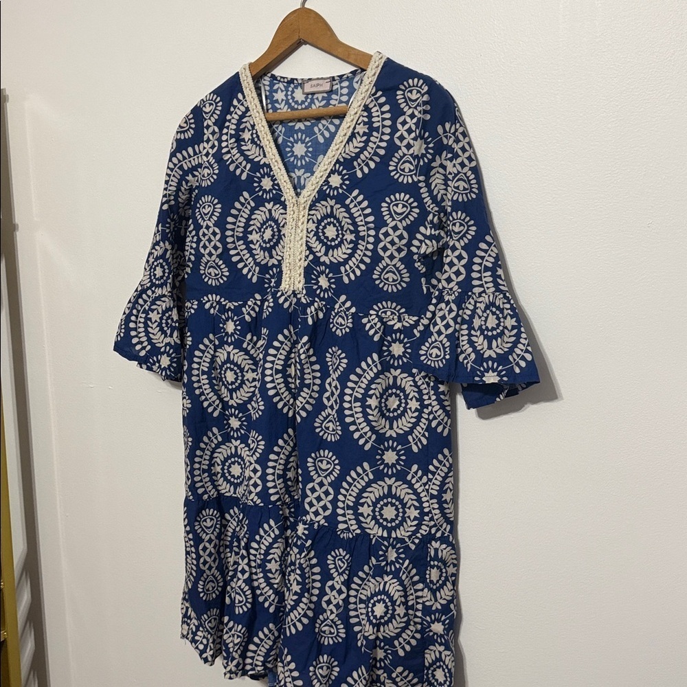 SAIPH Santorini Floral Mini Dress Size S Blue White Cotton Italy Relaxed Coastal - Picture 3 of 10